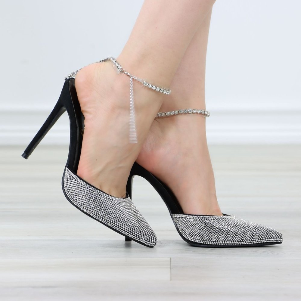 Black Pointed Toe Sparkly Rhinestone Ankle Strap High Heel Shoes Stiletto - Picture 3 of 13